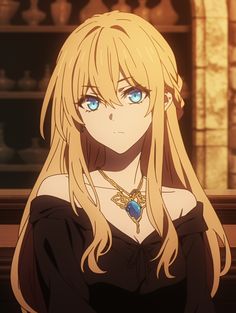 an anime character with long blonde hair and blue eyes looking at the camera while standing in front of a shelf