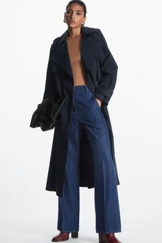 BELTED TRENCH COAT - NAVY - Coats - COS Navy Trench Coat Outfit, Longline Trench Coat, Navy Trench Coat, Women's Winter Coats, Trench Coat Outfit, Navy Outfit, Wool Coats, Wool Coat Women, Timeless Wardrobe Staples