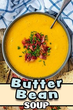 A bowl of butter bean soup with a text overlay title. Nourishing Soup, Butter Bean Soup, Vegan Budget, Homemade White Bread, Filling Lunch, Bean Soup Recipes, Vegan Pasta Recipes