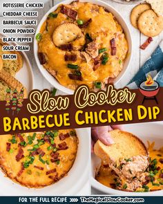 the recipe for slow cooker barbecue chicken dip is shown in four different pictures, including bread and crackers