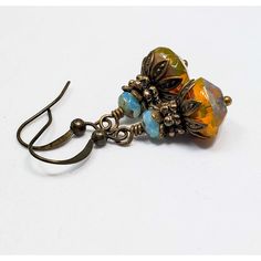 Picasso Czech Bead Earrings Nickel-free Amber Czech Glass Earrings, Vintage Multicolor Czech Glass Earrings, Amber Czech Glass Earrings With Ear Wire, Vintage Orange Earrings With Czech Glass, Vintage Orange Czech Glass Earrings, Bohemian Multicolor Czech Glass Earrings, Nickel-free Multicolor Copper Earrings, Multicolor Nickel-free Copper Earrings, Vintage Multicolor Ear Wire Earrings