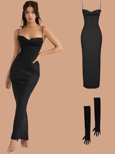 Satin Spaghetti Strap Corset Maxi Dress For Women - Golden Atelier Winter Party Dresses With Spaghetti Straps, Fitted Black Slip Dress For Dinner, Long Body Con Dress, Dress And Gloves, Corset Maxi Dress, Solid Maxi Dress, Dress With Corset, Corset Midi Dress, Maxi Dress For Women