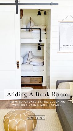 a bunk room with white walls and wood flooring is featured in the article, adding a bunk room how to create extra sleeping space without using much space