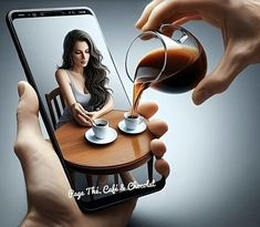 a woman pouring tea into a cup on top of a wooden table next to a cell phone