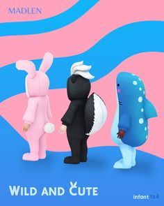 three cartoon characters standing next to each other in front of a blue and pink background