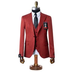 Chauncey | Red Pinstripe 3-Piece Tailored-Fit Suit Formal Dress For Men, Flat Front Pants, Button Jacket, Fitted Suit, Formal Suits, Formal Looks, Jacket Buttons, Formal Dress, Red Formal Dress