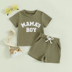 SPECIFICATIONS Material: COTTON Fabric Type: Combed Cotton Sleeve Length(cm): Short Fit: Fits true to size, take your normal size Season: Summer Item Type: Sets Gender: Baby Boys Department Name: Baby Collar: O-Neck Closure Type: Pullover Sleeve Style: Regular Material Composition: cotton Pattern Type: Letter Size (inch) 70 Tops Length: 12.6 Bust: 21.26 Shorts Length: 9.06 Waist: 14.96 Advised Age: 0-6 Months 80 Tops Length: 13.39 Bust: 22.05 Shorts Length: 9.84 Waist: 15.75 Advised Age: 6-12 Mo Spring Cotton Sets With Letter Print, Green Cotton Matching Sets, Green Matching Sets For Summer, Casual Khaki Cotton Sets, Matching Cotton Sets With Letter Print, Fitted Cotton Sets With Letter Print, Matching Green Summer Sets, Spring Short Sets With Letter Print, Green Short Sleeve Set With Letter Print