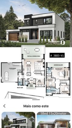 two story house plan with 3 bedroom and 2 bathrooms in the front, an open floor plan