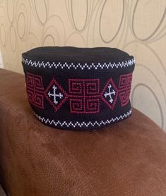 Christian orthodox embroidered skufia hat Ceremonial Handmade Black Hat, Ceremonial Black Handmade Hats, Traditional Black Hat As Gift, Embroidered Black Hats As Gifts, Traditional Black Hat For Festival, Traditional Red Hat One Size Fits Most, Traditional Black Festival Hat, Traditional Handmade Cap Hat, Traditional Handmade Black Hat