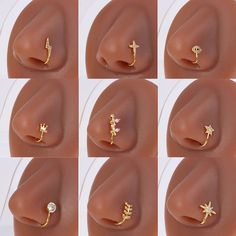 six images of different types of gold ear piercings with diamonds on each one side