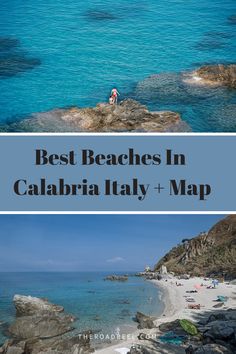 Couple sitting on rocky coastline and a beach scene in Calabria, Italy, with text overlay "Best Beaches In Calabria Italy + Map". Calabria Italy Map, Dino Island, Calabria Italy, Sand And Sea, San Nicolas, Italy Map