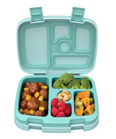 a blue lunch box filled with fruits and vegetables