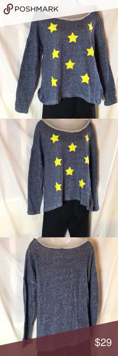 Star embellished high/low sweatshirt Yellow silk stars high light this blue LS sweatshirt with a large round neck! For lounging at home or off to see a movie! Classic Woman Tops Sweatshirts & Hoodies Casual Fall Tops With Star Patch, Trendy Blue Top With Star Print, Casual Star Print Tops For Loungewear, Fall Loungewear Tops With Star Print, Trendy Blue Star Print Top, Casual Long Sleeve Top With Star Patch, Oversized Crew Neck Top With Star Print, Oversized Long Sleeve Tops With Star Print, Long Sleeve Cotton Tops With Star Patch