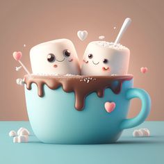 two marshmallows sitting in a cup with chocolate and marshmallows