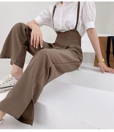 Spaghetti Strap Split Wide Leg High Waist Brown Pants Dark Academia Summer Outfit, Academia Summer Outfit, Dark Academia Fashion Summer, Dark Academia Summer, Wide Leg Jumpsuit Outfit, Dark Light Academia, Preppy Aesthetic Outfits, Academia Aesthetic Outfit, Academia Clothing