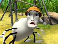 an animated image of a white spider with blue eyes and black legs, wearing a yellow hat