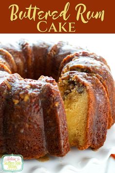 a bundt cake on a white plate with one slice cut out and ready to be eaten