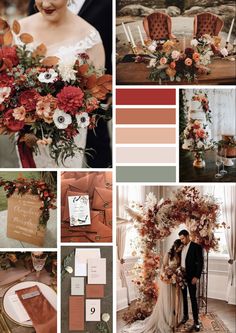 the wedding color scheme is peach, red and brown with an assortment of flowers on it