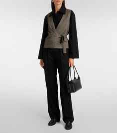 Adige houndstooth wool-blend wrap top in black - Max Mara | Mytheresa Modern Wool Top For Workwear, Versatile Wool Outerwear For Work, V-neck Wool Tops For Workwear, Wool V-neck Workwear Tops, Chic Wool Tops For Work, Chic Wool Tops For Workwear, Elegant Wrap Top For Workwear In Fall, Elegant Wrap Top For Fall Workwear, Elegant Fall Wrap Top For Work