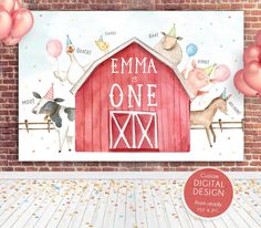 a red barn with balloons and streamers in front of it that says, emma is one six