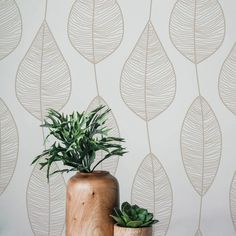 two wooden vases with plants in them against a wallpapered background that has leaves on it