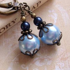 Bronze and Blue Swarovski Pearl Earrings Art by CloudCapJewelry, $15.25 Crystal Pearl Earrings, Neo Victorian, Diy Earring, Earrings Art, Swarovski Beads, Jewelry Design Earrings, Jewellery Ideas, Art Nouveau Style, Creative Jewelry