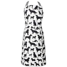 a black and white apron with dogs on it