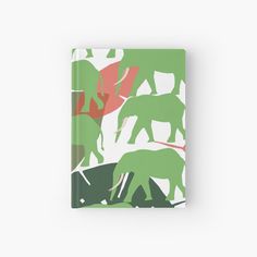 a book with an elephant pattern on the front and back cover in green, red, and pink