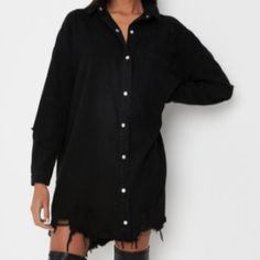 Missguided Super Hem Distress Denim Shirt Dress ~Color Black ~Size 8 ~ An Extreme Oversized Denim Shirt Dress Featuring Chest Patch Pocket And Extreme Distress Detailing. ~Extreme Oversized Fit For A More Regular Fit, Try Sizing Down! Mini Sits Mid Thigh ~100% Cotton *Feel Free To Request Pictures Of Actual Item *Item Is Sealed And Brand New Distress Denim, Oversized Denim Shirt, Missguided Dress, White Polka Dot Dress, Denim Shirt Dress, Strapless Mini Dress, Smock Dress, Lace Mini Dress, Sweatshirt Dress