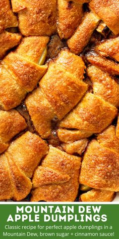 an advertisement for mountain dew apple dumplings on the side of a white plate with apples in it