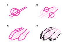 the steps to draw an animal's head with pink and black lines on it