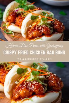 crispy fried chicken bao buns on a wooden platter