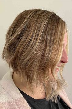 Bronde Concave Short Bob Haircut with Wavy Ends Long Concave Bob, Concave Hairstyle, Concave Bob, Undercut Bob, Brunette Bob, Nape Undercut, Shoulder Length Bob, Bob Hairstyles For Thick, Hair Appointment