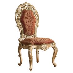 an ornately decorated chair with red and gold upholstered fabric on the back