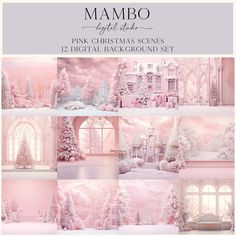 the pink christmas scenes are displayed in this photo collage with white trees and snow