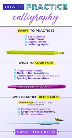 an info sheet with different types of pens and pencils on it, including the title how to practice calligraphy