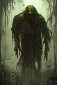 a giant monster in the middle of a forest with moss growing on it's back