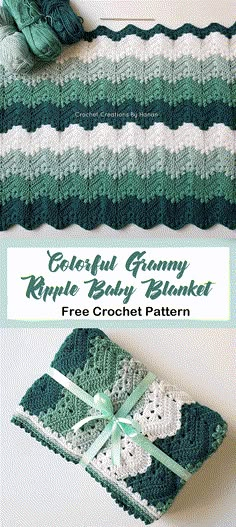 crochet granny ripple baby blanket with green and white stripes on the bottom, along with a free crochet pattern