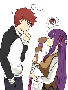 two anime characters one with purple hair and the other with red hair talking to each other