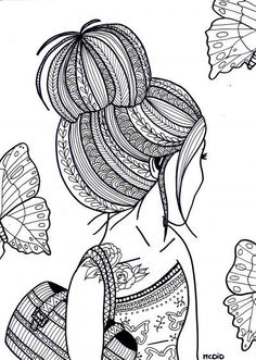 a drawing of a girl with butterflies around her neck and back, in black and white