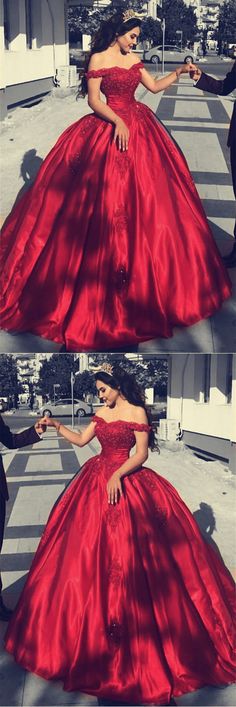 Red Satin Off The Shoulder Ball Gowns Wedding Dresses Lace Appliques Dresses Quinceanera Red, Burgundy Ball Gown, Prom Dress Casual, Vestido Charro, Summer Dress Pink, Wedding Dress Summer, Quince Dresses Mexican, Dresses Burgundy, Quince Dresses Red