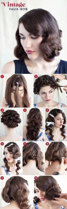 A 1920s Faux-Bob | 27 Gorgeously Dreamy Vintage-Inspired Hair Tutorials http://blog.modcloth.com/2013/09/10/faux-real-a-wavy-faux-bob-how-to/ Faux Bob Tutorial, Faux Bob, Hairstyle Tutorials, Long Hair Tutorial, Medium Long Hair