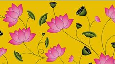 a yellow background with pink flowers and green leaves