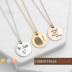 "Fingerprint Necklace Custom Handwriting Necklace Unique Jewelry Personalized Mothers Day Gifts Custom Engraved Neckalce Gift For Her A true go-to, thoughtful gift, perfect to send a sweet message to the person you love. The large disc pendant has just enough space for a short message, a fingerprint, or a name and date. Personalizing the engraving in your own handwriting or the handwriting of someone special gives this piece an extra special sentiment that is sure to bring a smile to its intende Customizable Meaningful Necklaces For Valentine's Day, Inspirational Necklaces For Valentine's Day Gift, Meaningful Hallmark Necklace As Gift, Meaningful Hallmarked Necklace Gift, Personalized Inspirational Jewelry Gift For Her, Inspirational Personalized Jewelry Gift For Her, Hand Stamped Pendant Charm Necklace For Gift, Customized Round Pendant Charm Necklace For Valentine's Day, Meaningful Engraved Charm Necklaces For Mother's Day