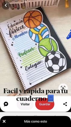 a notebook with an image of a basketball ball and soccer balls on the page, which is