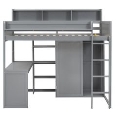 a gray loft bed with desk and bookcases on it's bottom shelf