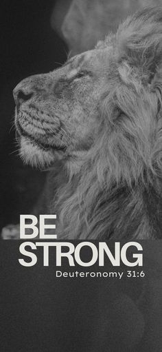 a black and white photo of a lion with the words be strong written on it