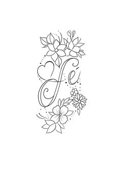 the letter f with flowers and leaves on it is shown in this tattoo style design