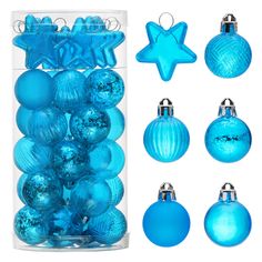 blue christmas ornaments are in a clear container