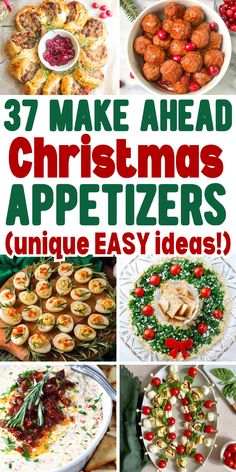 Easy make ahead appetizers for Christmas party, potluck or Christmas Eve dinner, such as bite size finger foods, dip recipes and quick holiday appetizers for xmas. Vegetarian Christmas Appetizers, Appetizers For Christmas, Make Ahead Christmas Appetizers, Christmas Potluck